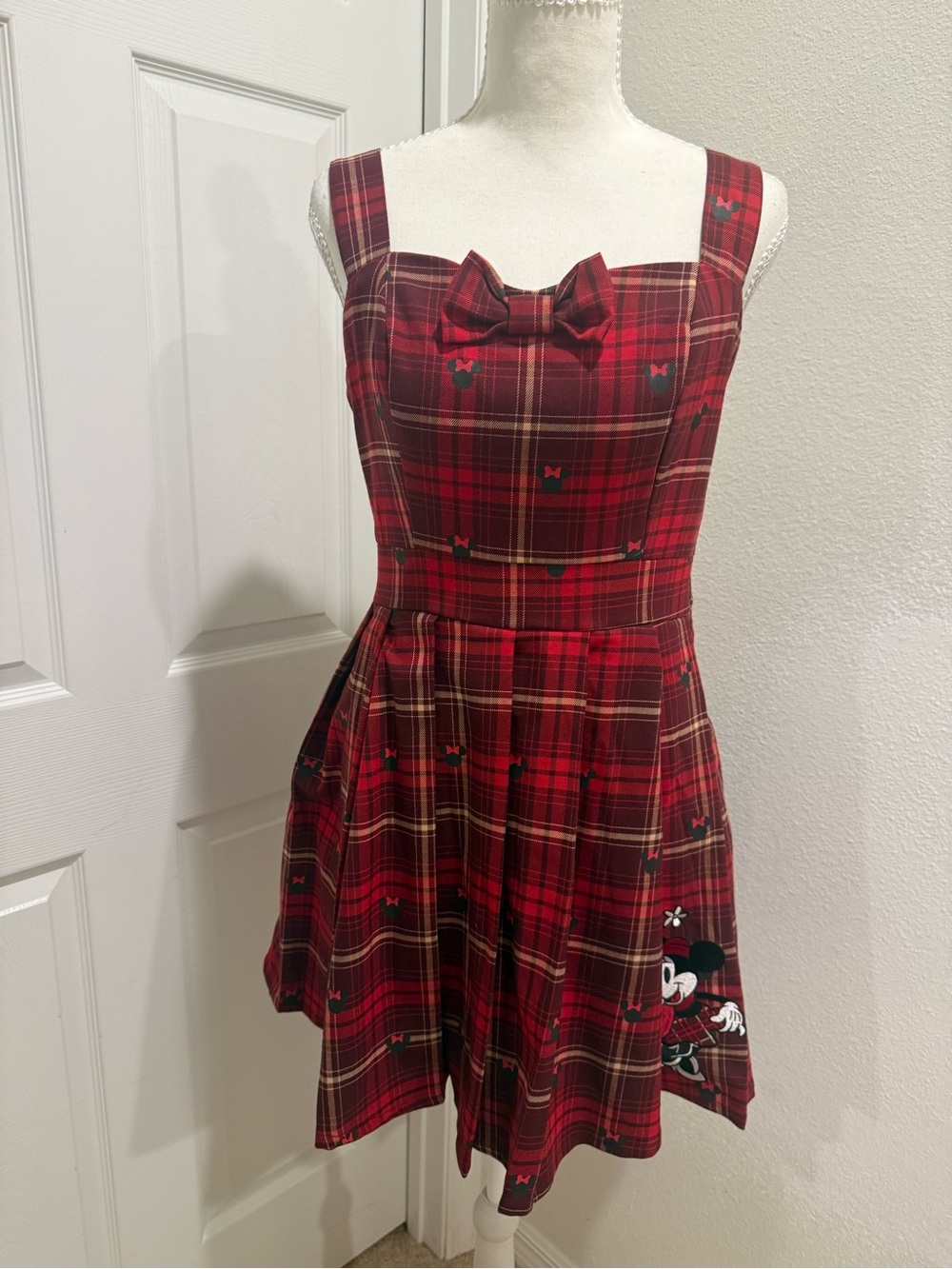 Disney Red Plaid Sleeveless Fit-and-Flare Dress with Bow
